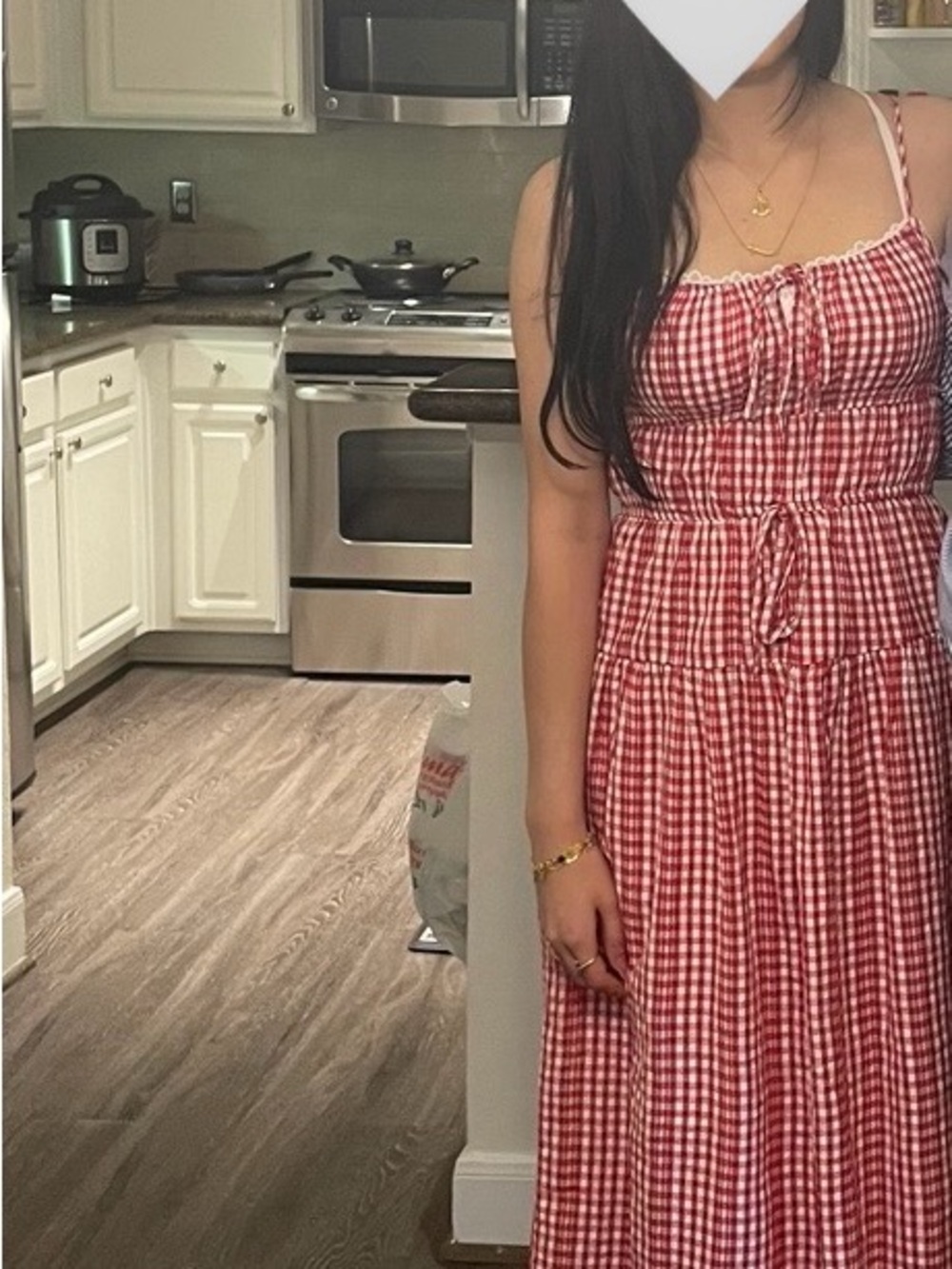Smocked Gingham Maxi Dress - Red